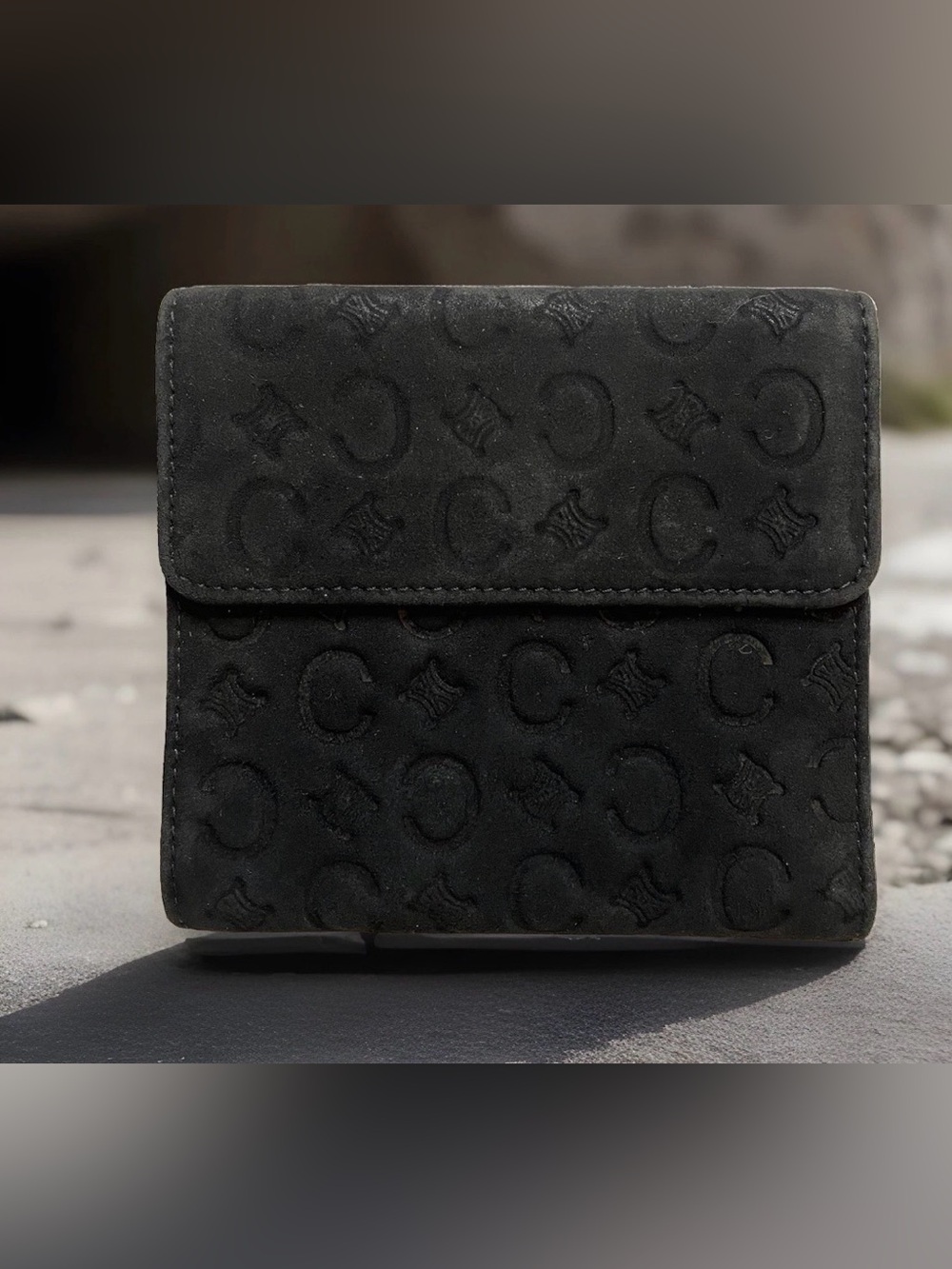 Celine Emboss Monogram C Black Suede Leather Compact Trifold Wallet ❤️Rare💚